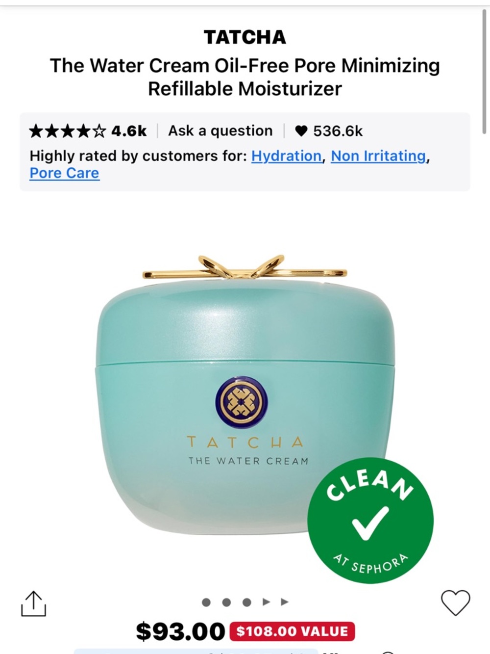 Tatcha water cream oil free pore minimizing
